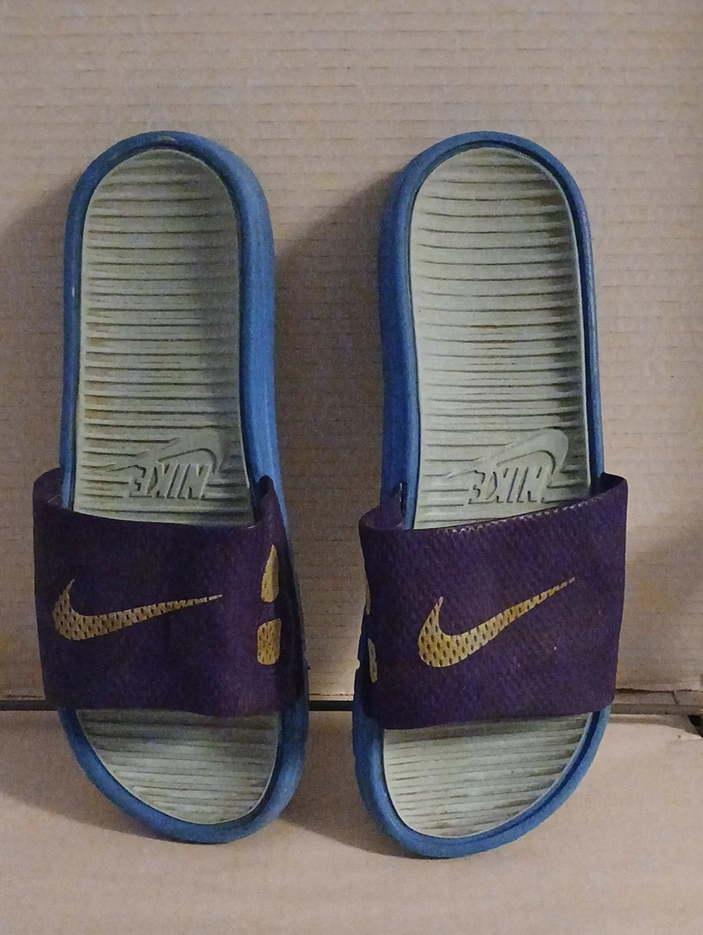 Nike Burgundy Slides with Purple Swoosh and Blue Trim